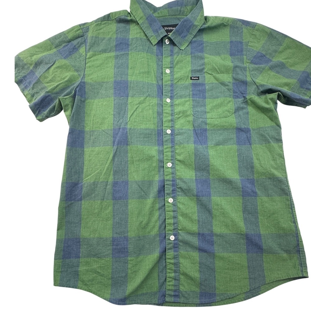 Brixton Mens XXL Short Sleeve Plaid Button Down Shirt Green Blue Pocket